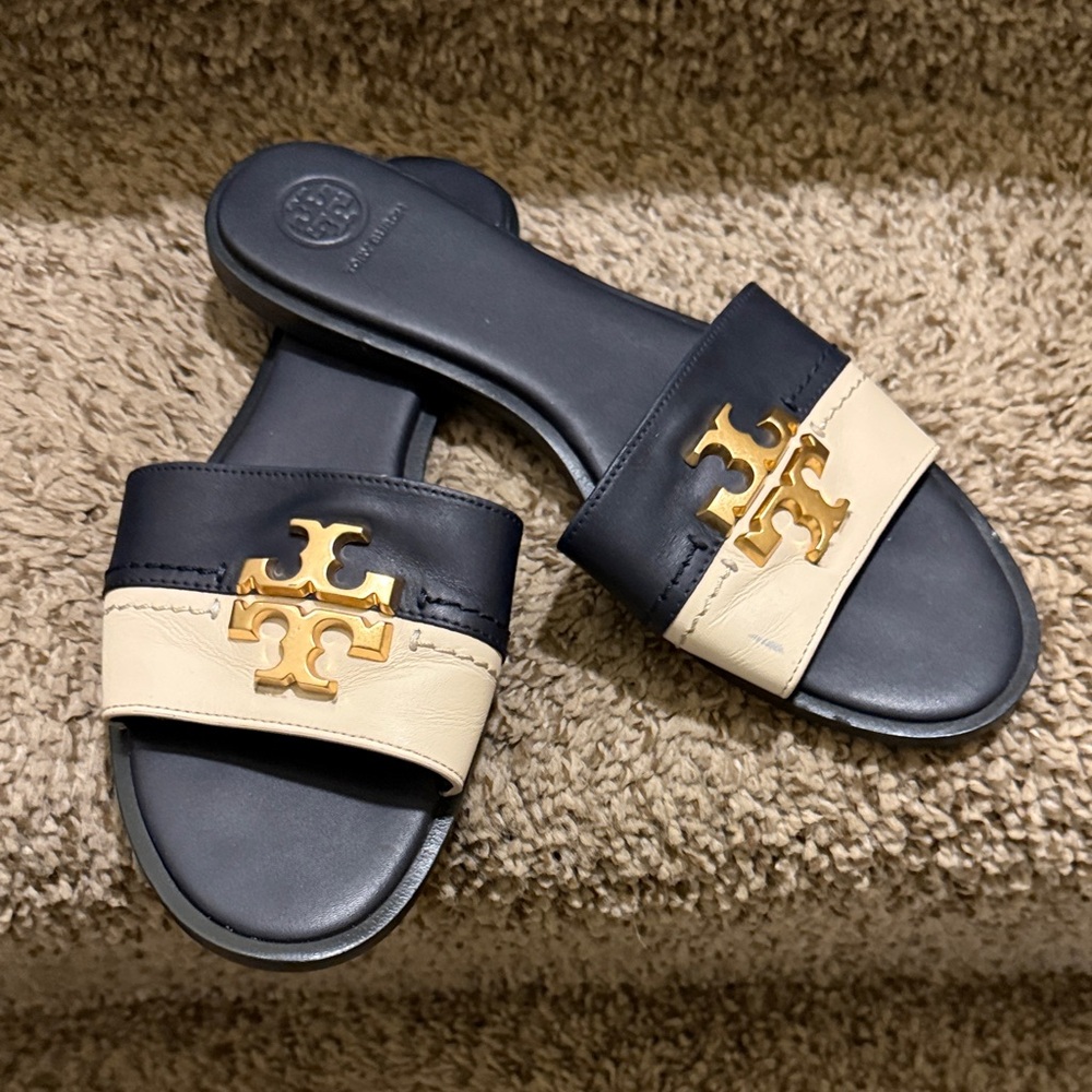 Tory Burch Black and Cream Slides with Gold Logo